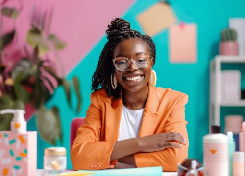 Businesswoman Working at Desk with Products Generative AI